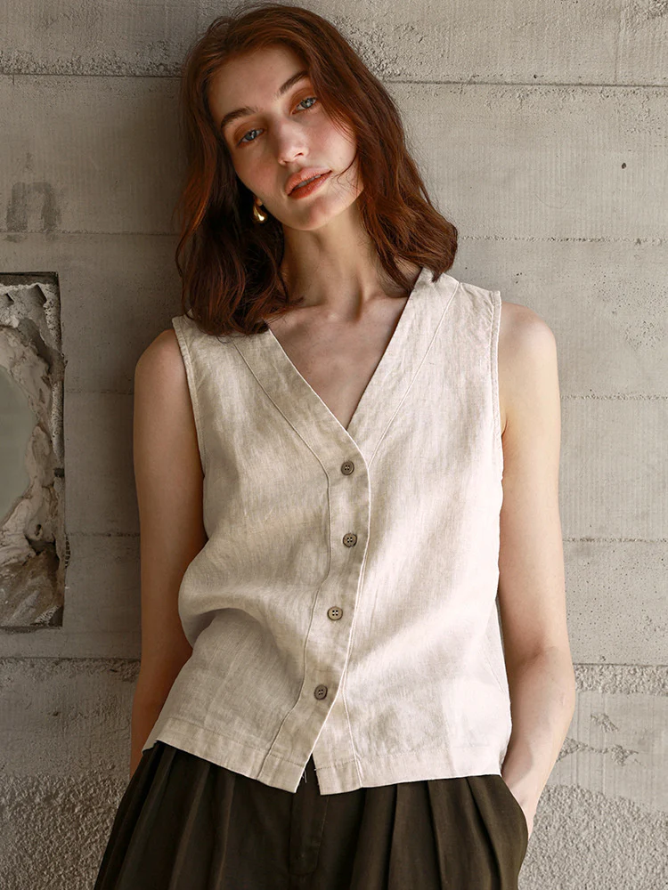 Solid Color Textured Linen Inner Vest - Image 17