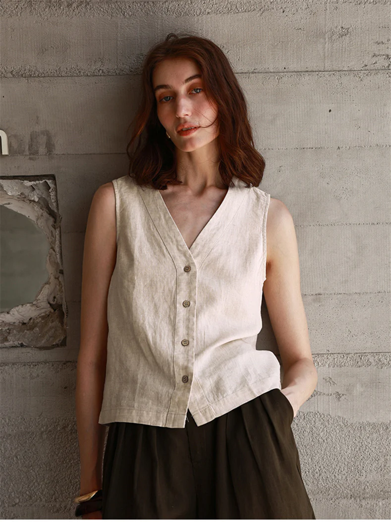 Solid Color Textured Linen Inner Vest - Image 3