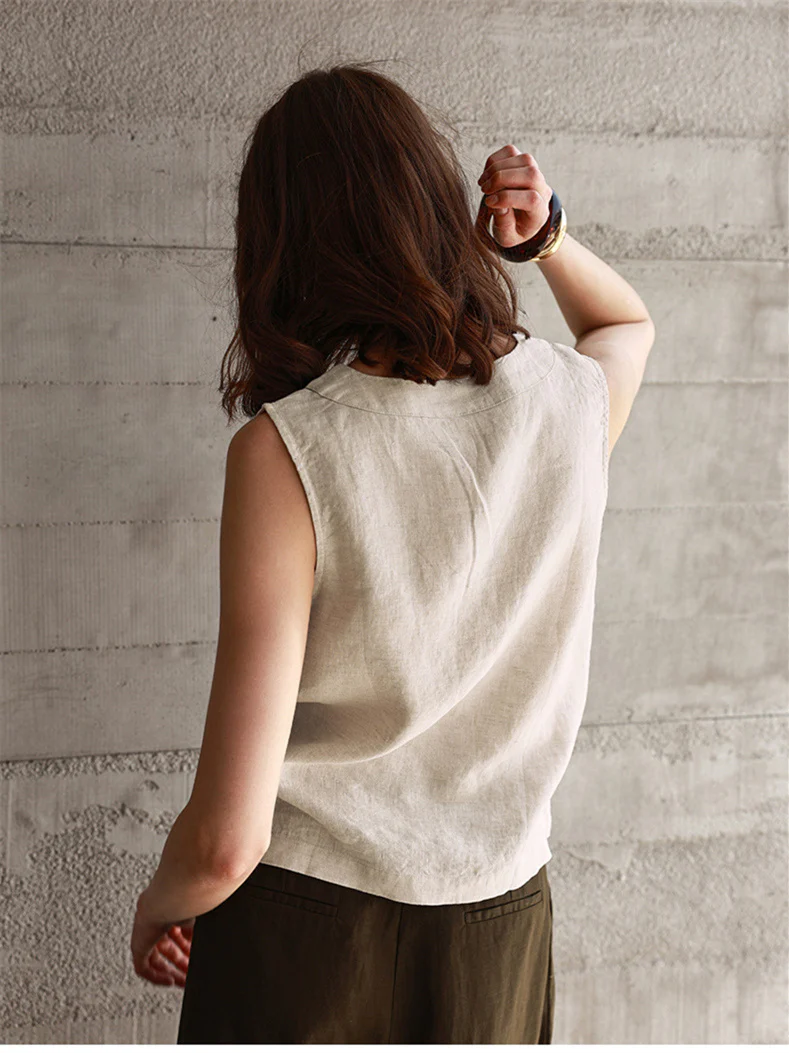 Solid Color Textured Linen Inner Vest - Image 5