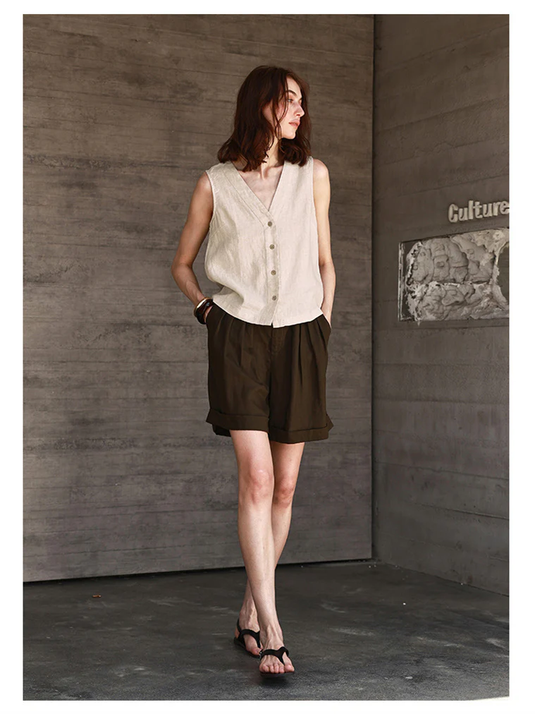 Solid Color Textured Linen Inner Vest - Image 7