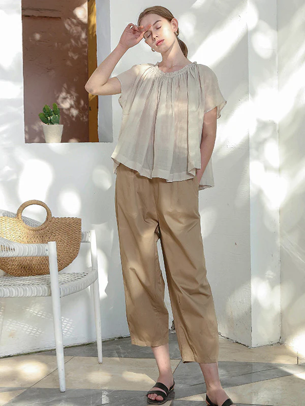 100% Cotton Wide-leg Cropped Trousers With Pockets And No Stretch - Image 12