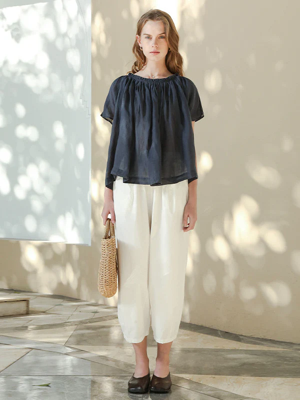 100% Cotton Wide-leg Cropped Trousers With Pockets And No Stretch - Image 14