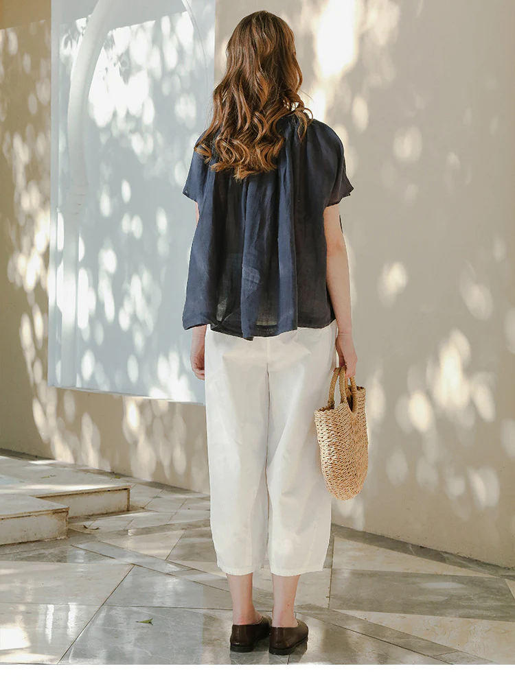 100% Cotton Wide-leg Cropped Trousers With Pockets And No Stretch - Image 3