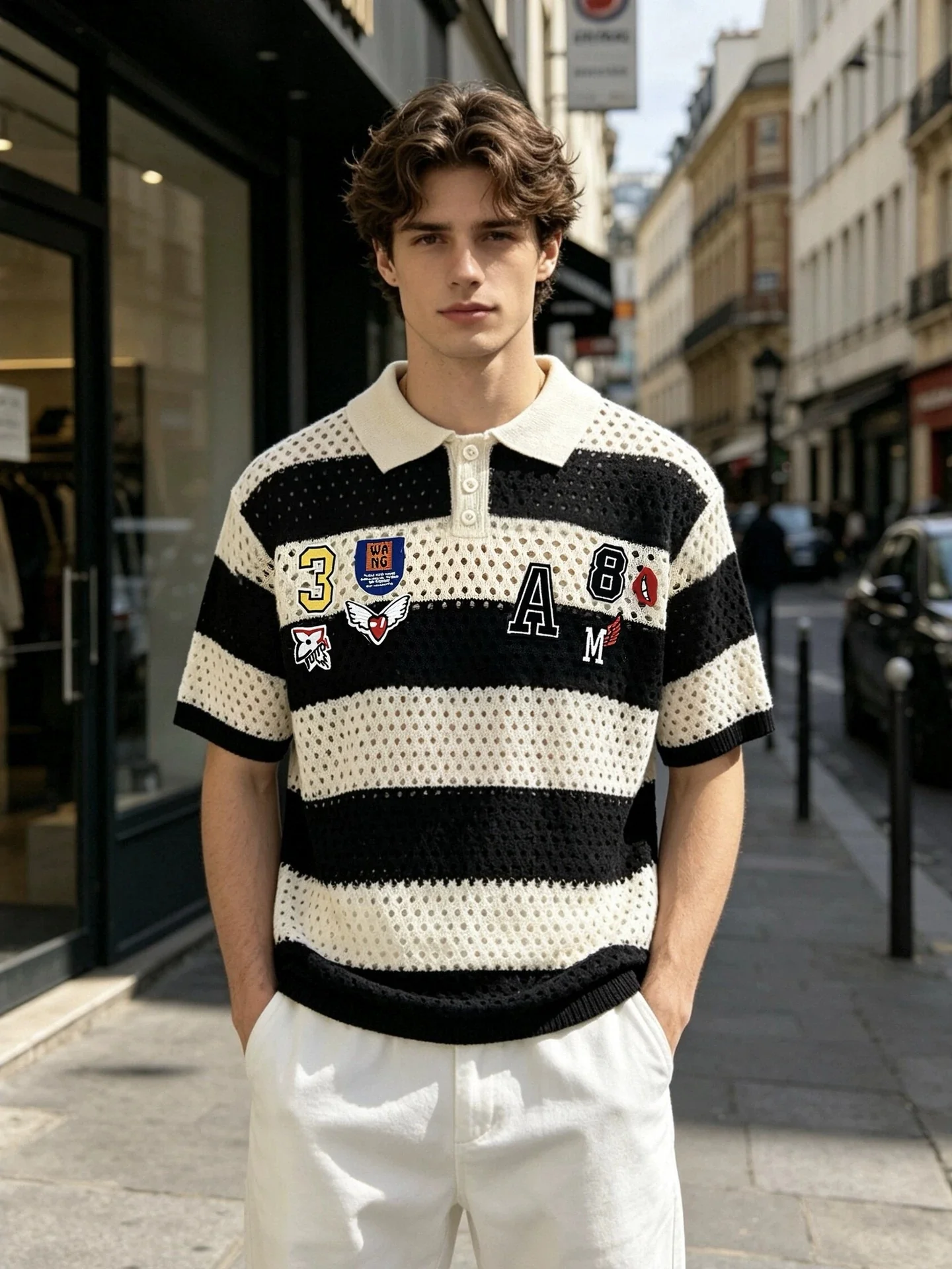 College Style Stripes Hollow Out Badge Embroidery POLO Shirt - Image 2
