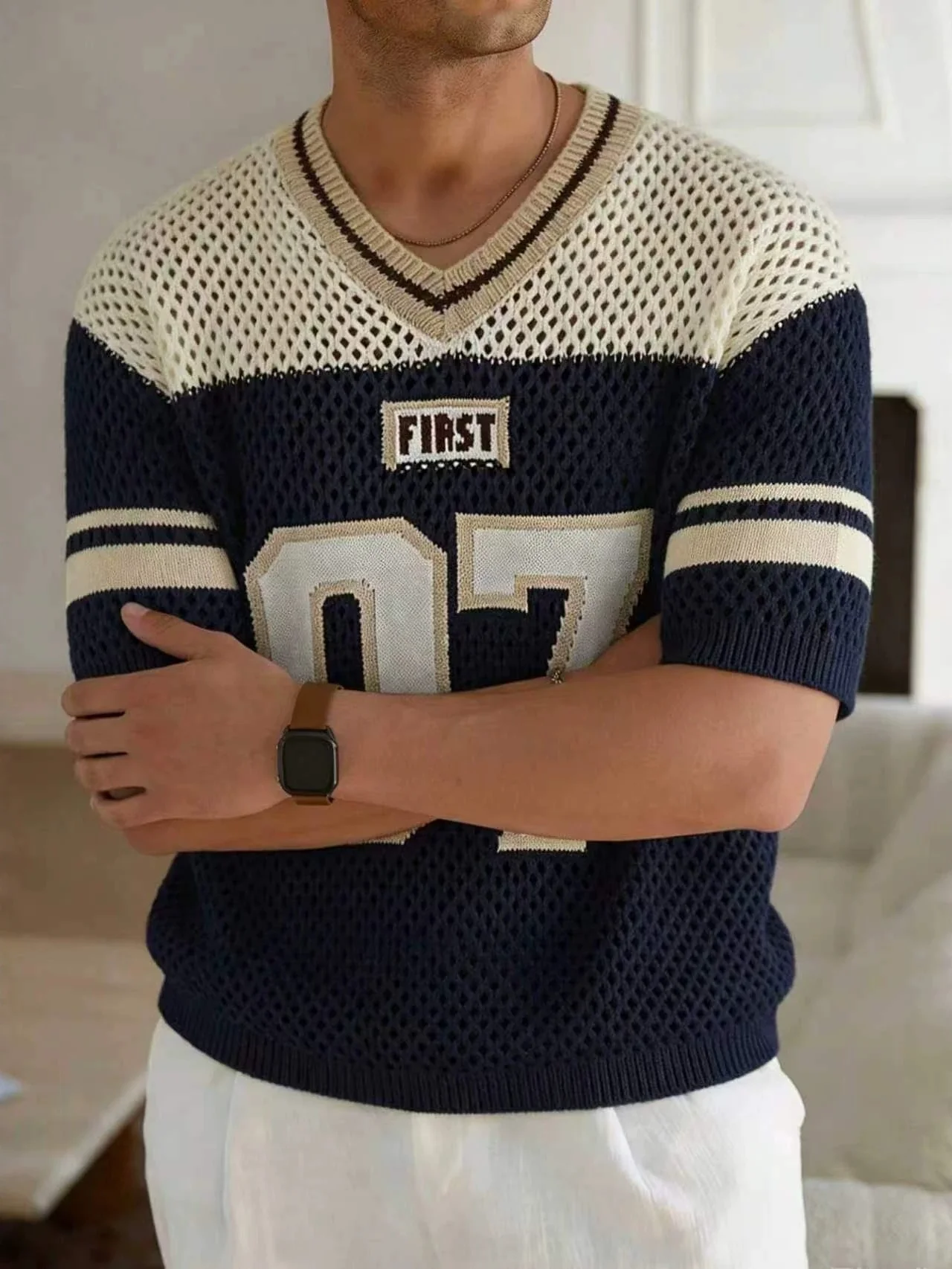 Hollow Out Stripes Color-blocked Number Knitting T-shirts - Image 2