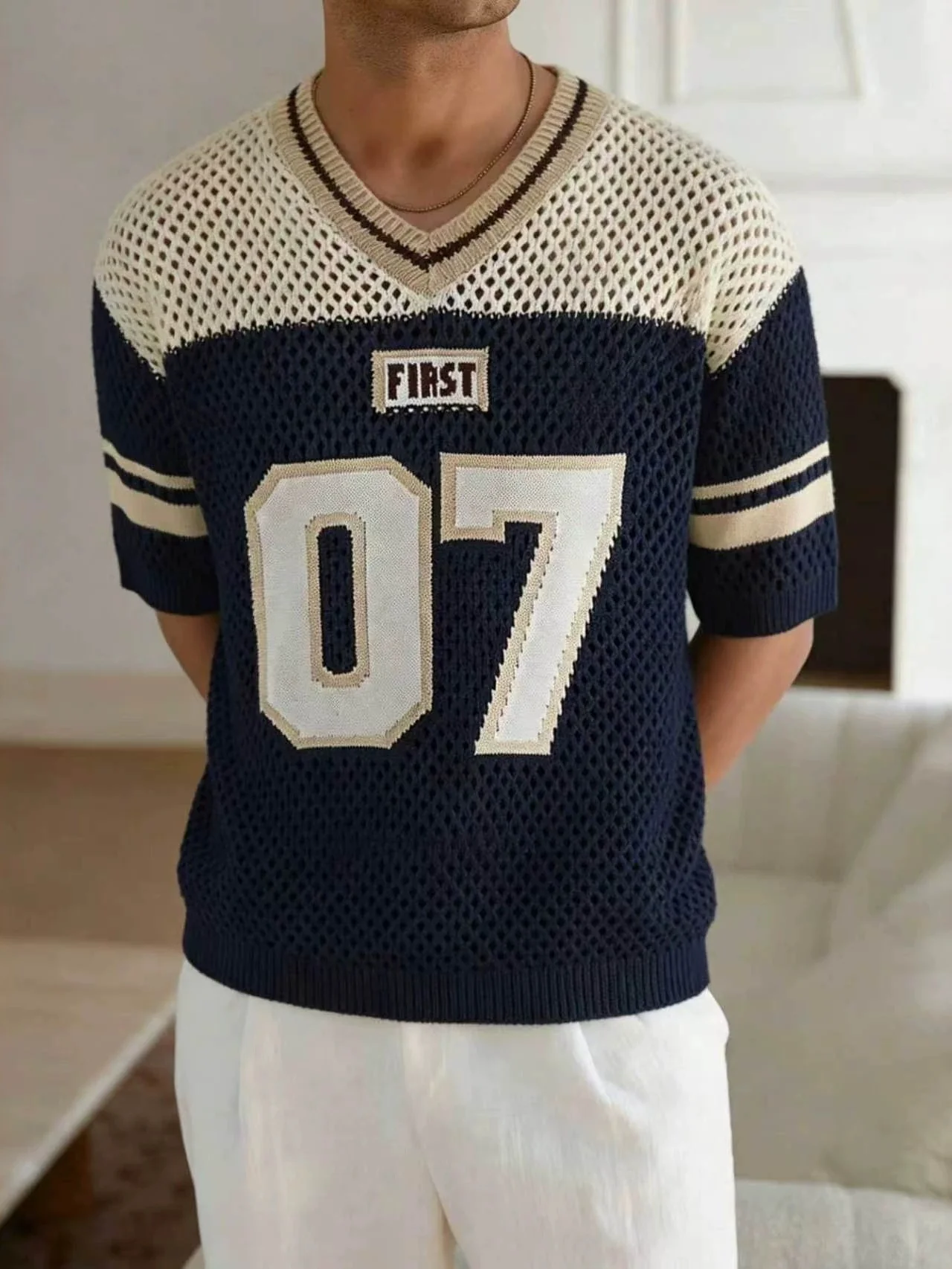 Hollow Out Stripes Color-blocked Number Knitting T-shirts - Image 3