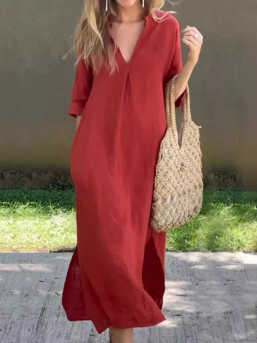 V-neck, Three-quarter Sleeve, Long Dress With Side Slit Pockets And Pleated Chest - Image 2