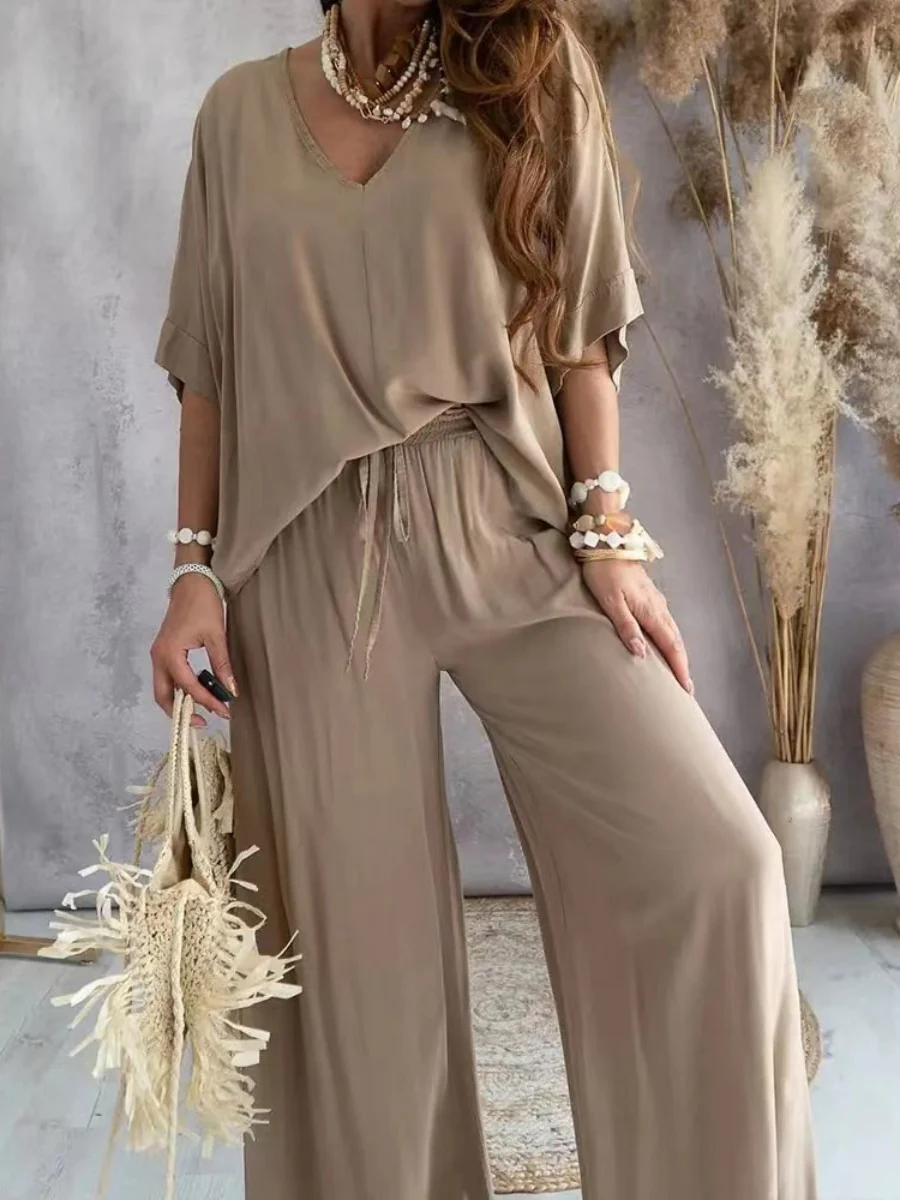 V-neck Batwing Sleeve Casual Loose Wide-leg Pants Two-piece Set - Image 2