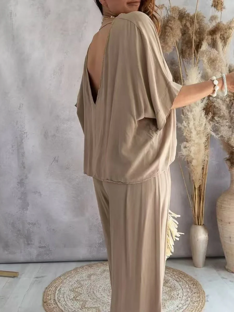 V-neck Batwing Sleeve Casual Loose Wide-leg Pants Two-piece Set - Image 3