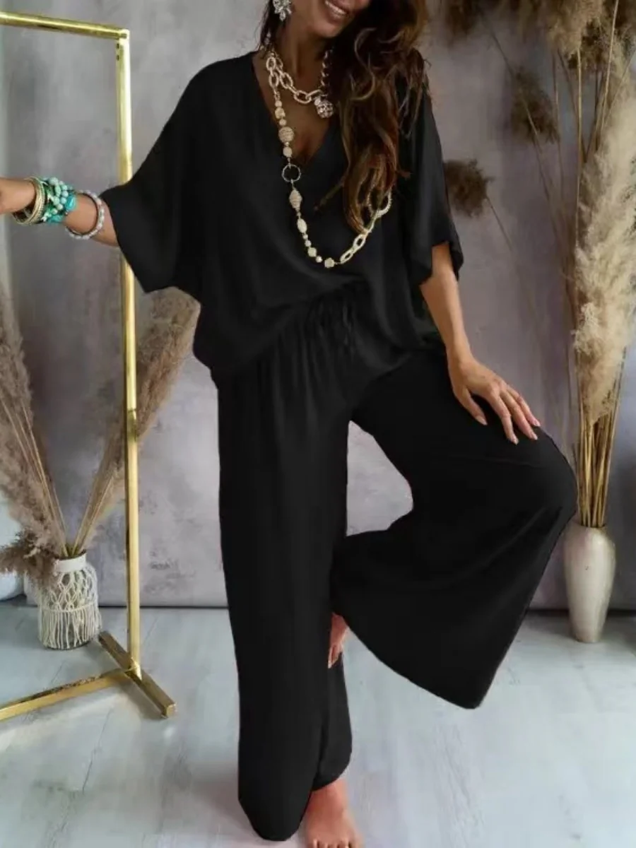 V-neck Batwing Sleeve Casual Loose Wide-leg Pants Two-piece Set - Image 6