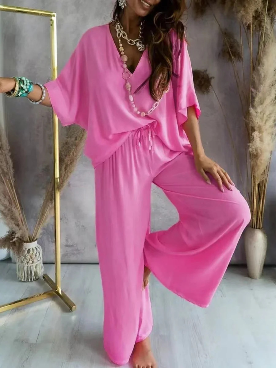 V-neck Batwing Sleeve Casual Loose Wide-leg Pants Two-piece Set - Image 8