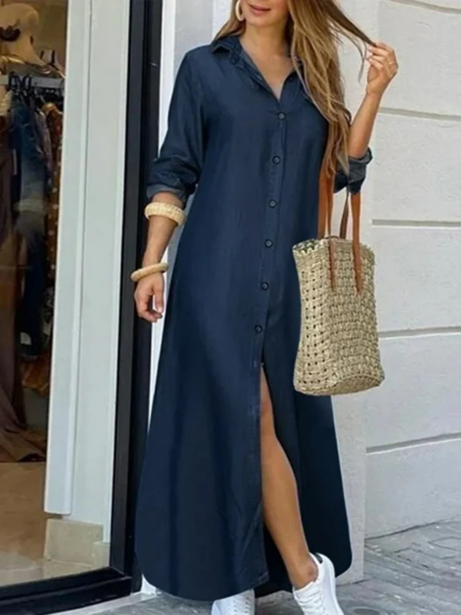 Shirt Collar, Pocket, Wide-hem Denim Maxi Dress - Image 2