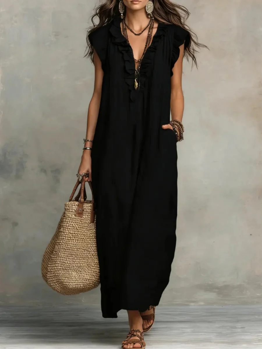 V-neck Pleats Solid Color Long Dress - Image 2