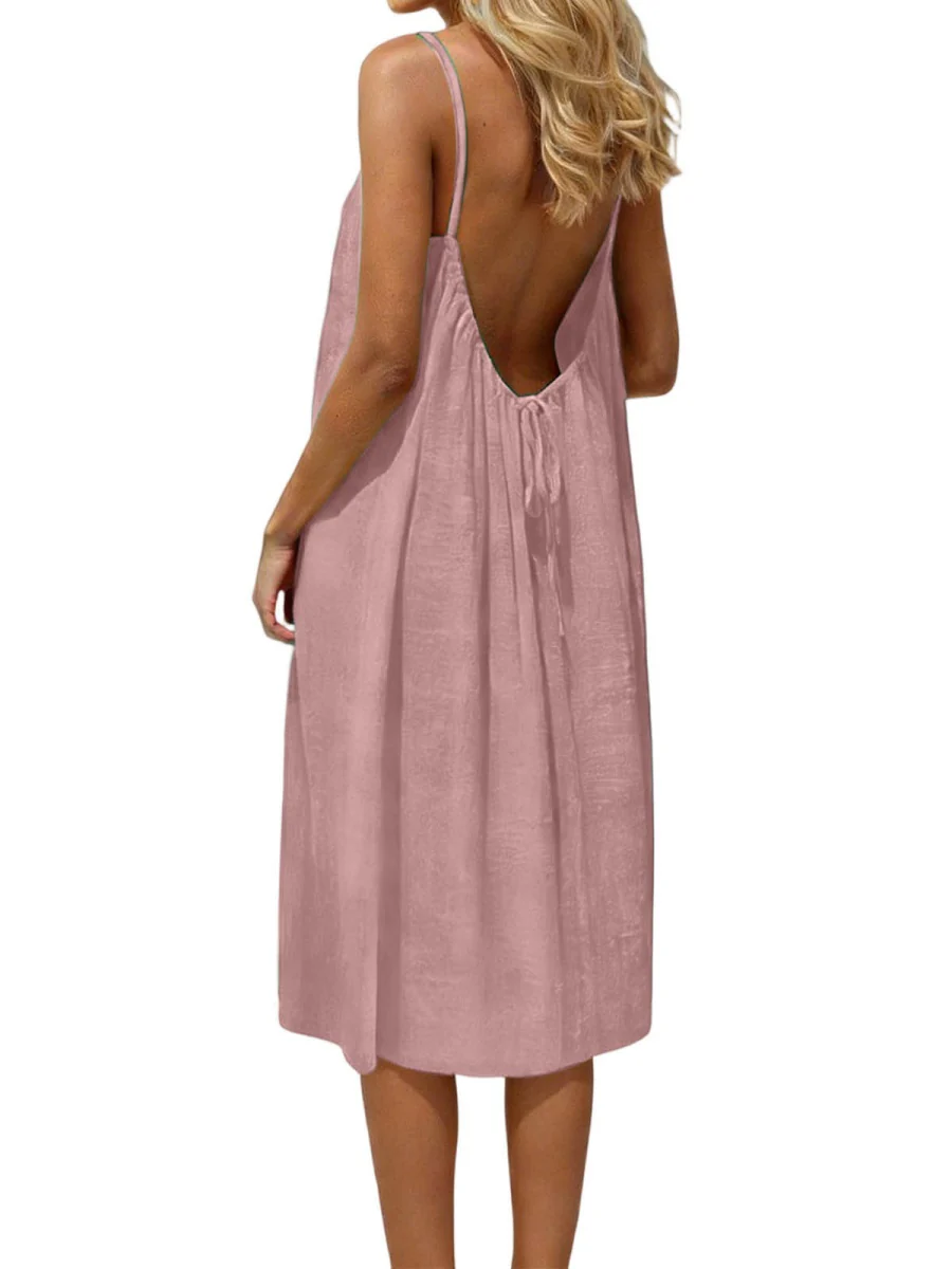 Ice Silk Linen Backless Halter Solid Color Midi Dress - Image 10