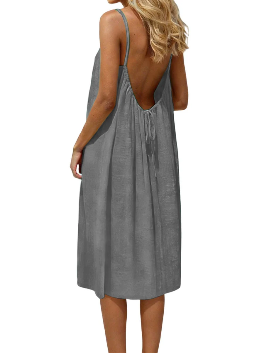 Ice Silk Linen Backless Halter Solid Color Midi Dress - Image 20