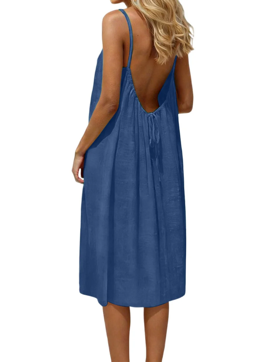 Ice Silk Linen Backless Halter Solid Color Midi Dress - Image 24