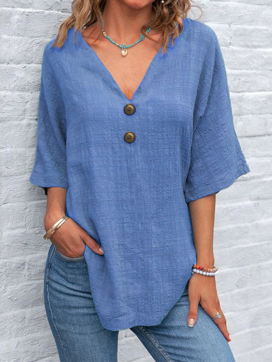 Casual V-neck Short-sleeved Pullover With Multi-colored Buttons T-shirts - Image 2