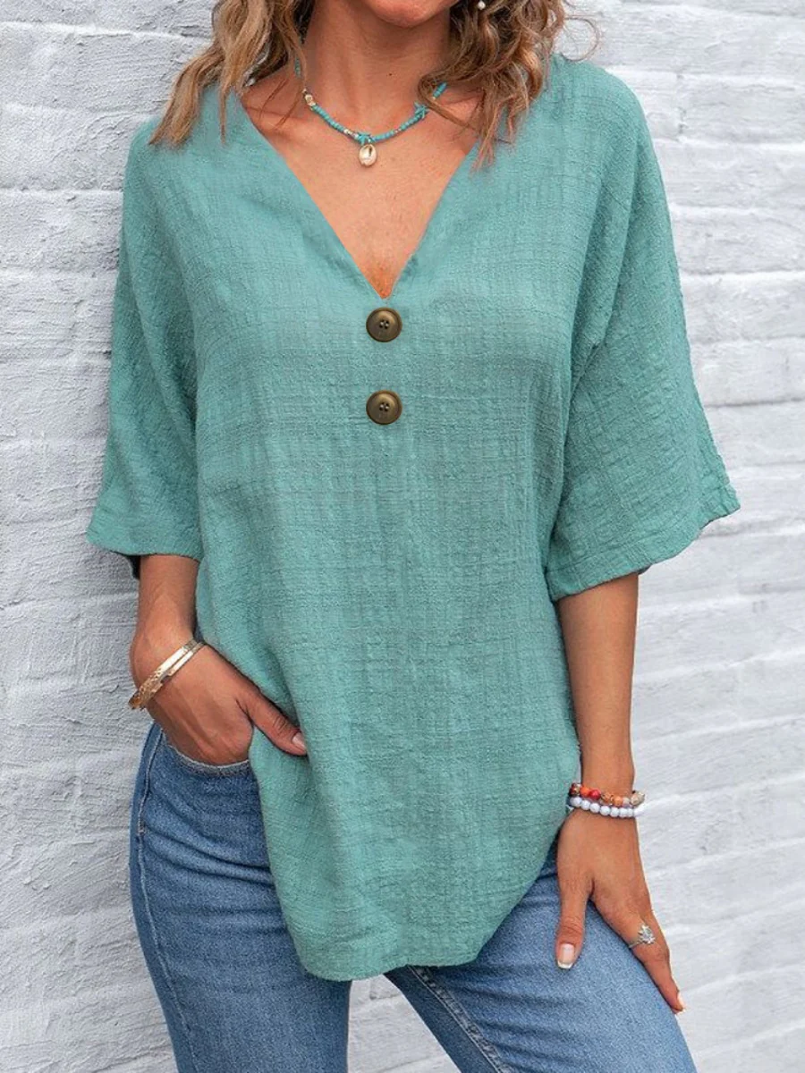 Casual V-neck Short-sleeved Pullover With Multi-colored Buttons T-shirts - Image 3