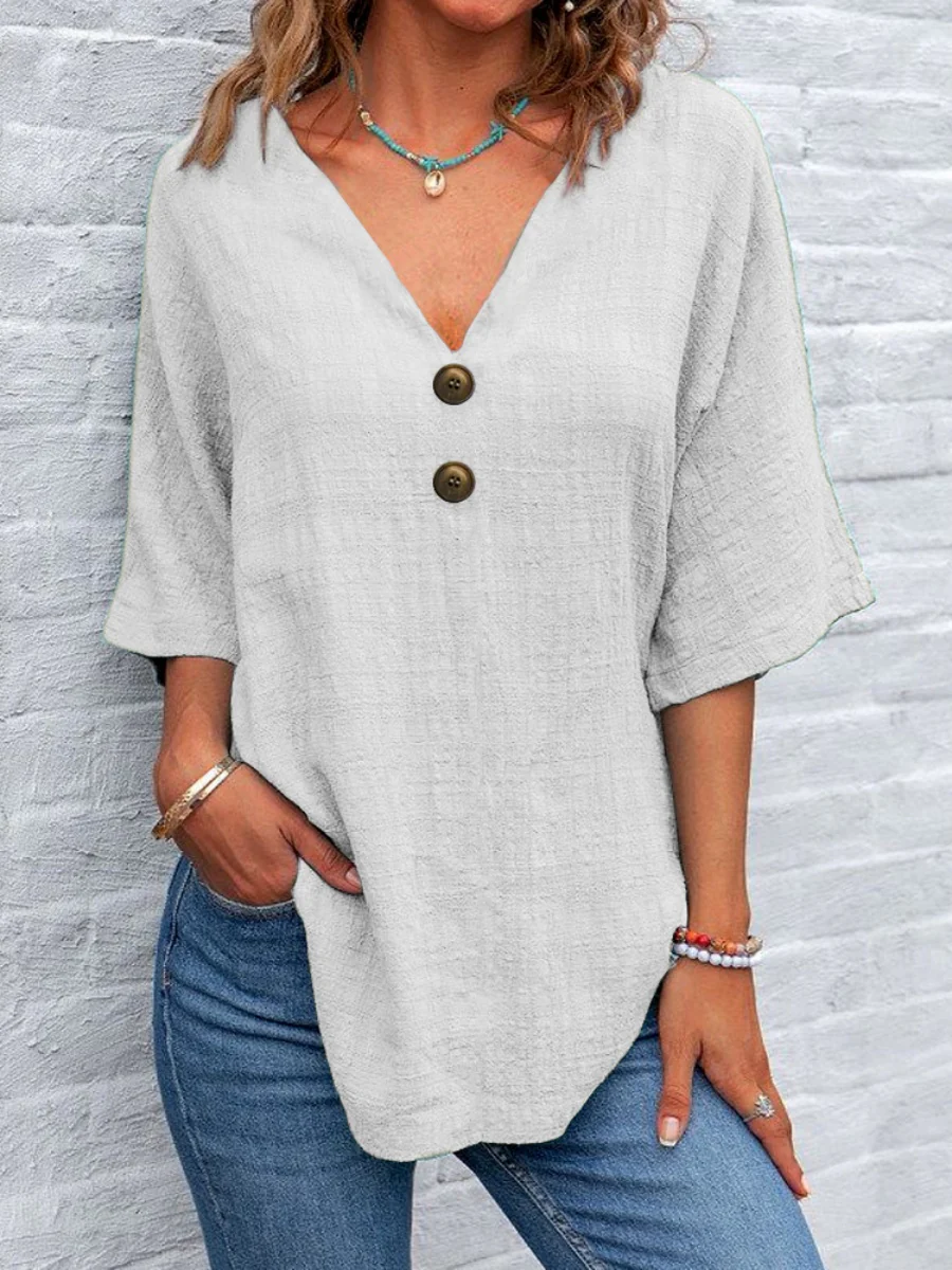 Casual V-neck Short-sleeved Pullover With Multi-colored Buttons T-shirts - Image 4
