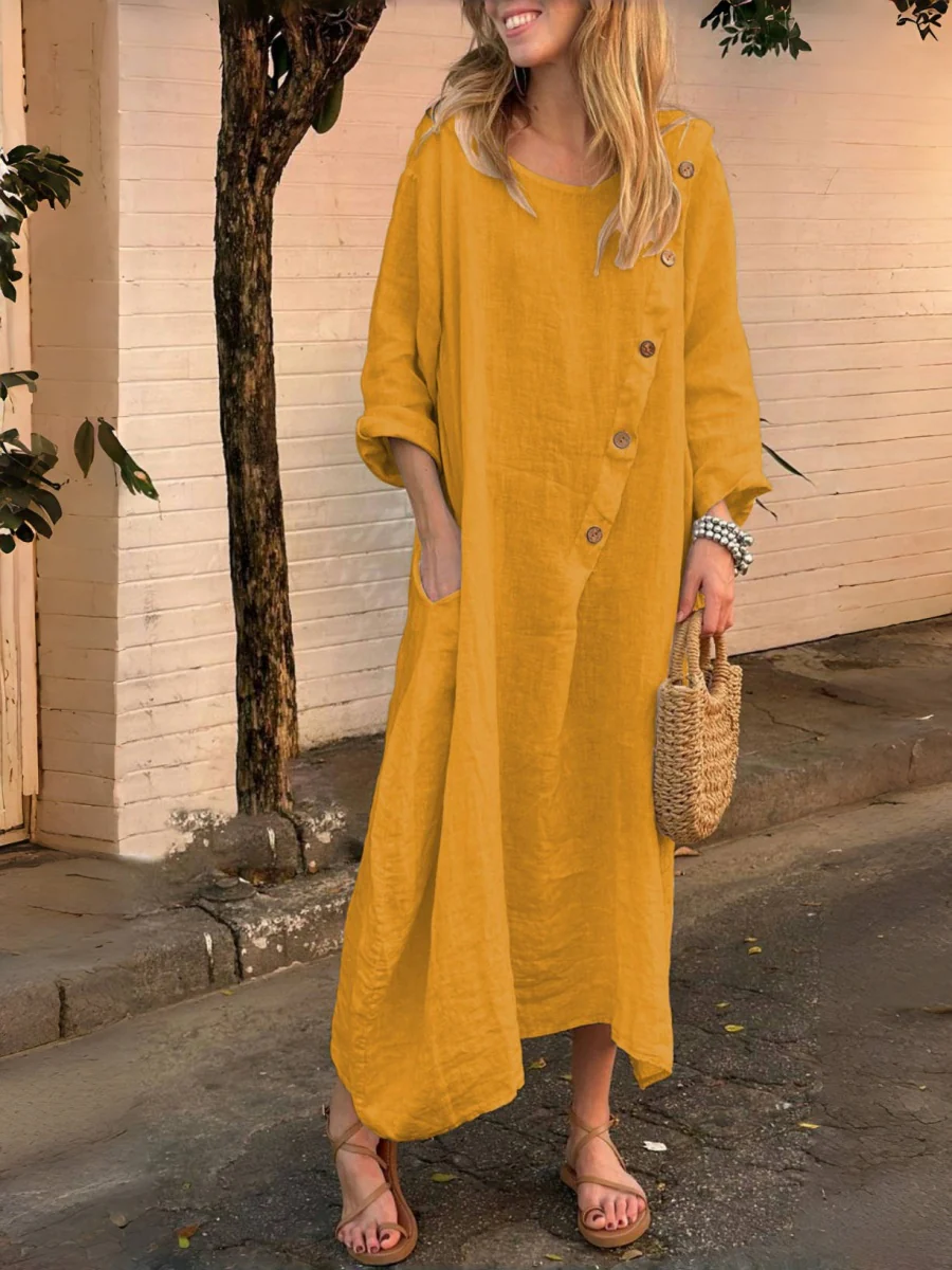 Round Neck, Long Sleeves, Solid Color Cotton And Linen, Irregular Buttons Maxi Dresses - Image 2