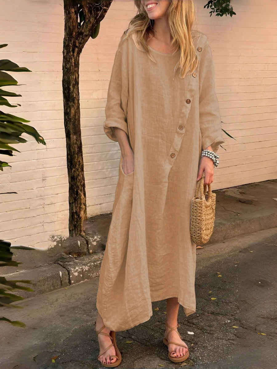 Round Neck, Long Sleeves, Solid Color Cotton And Linen, Irregular Buttons Maxi Dresses - Image 3