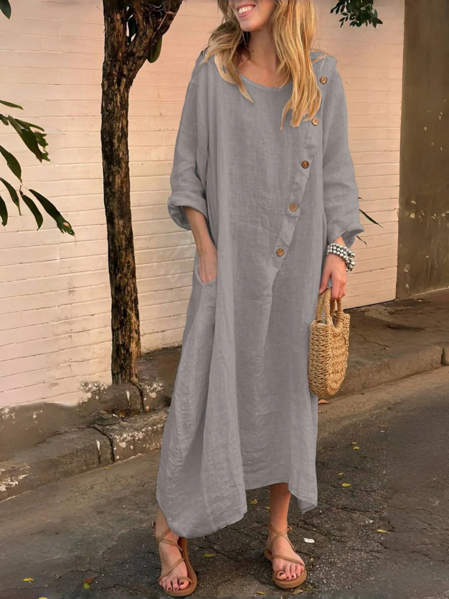 Round Neck, Long Sleeves, Solid Color Cotton And Linen, Irregular Buttons Maxi Dresses - Image 4