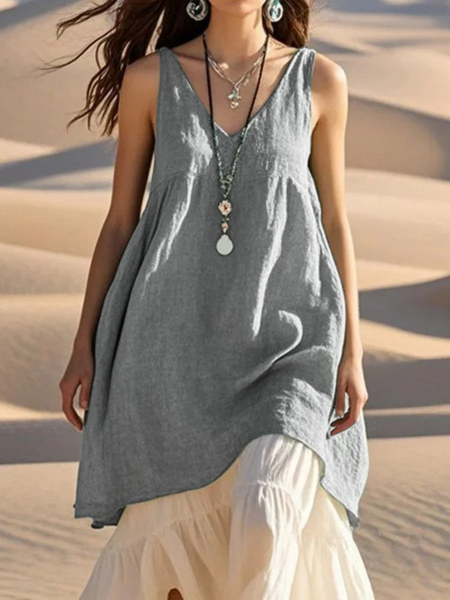 Casual Loose Sleeveless Cotton Linen Solid Color V-neck Long Dress - Image 2