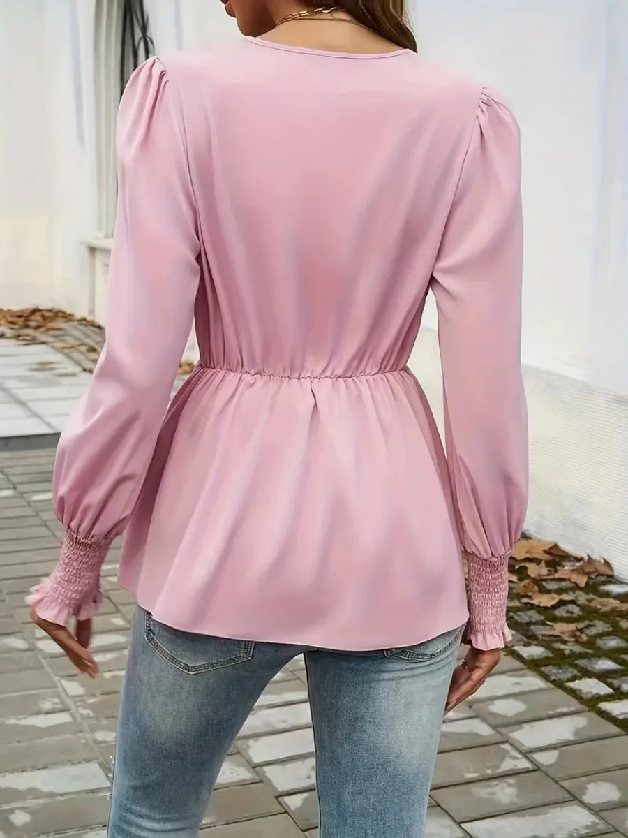 V-neck Tie-waist Solid Color T-shirt - Image 10