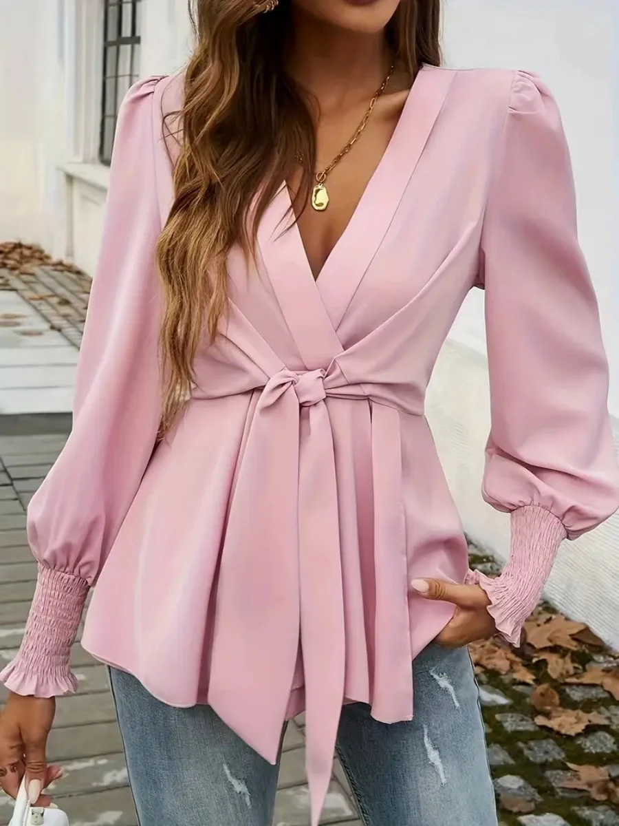 V-neck Tie-waist Solid Color T-shirt - Image 9