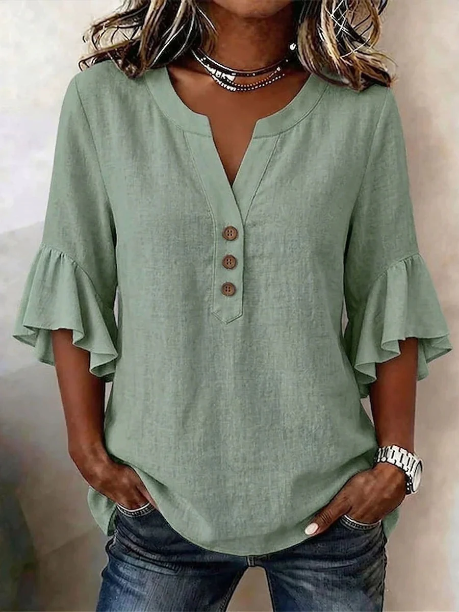 V-neck Solid Color Button Casual Ruffle Sleeve T-shirt - Image 11