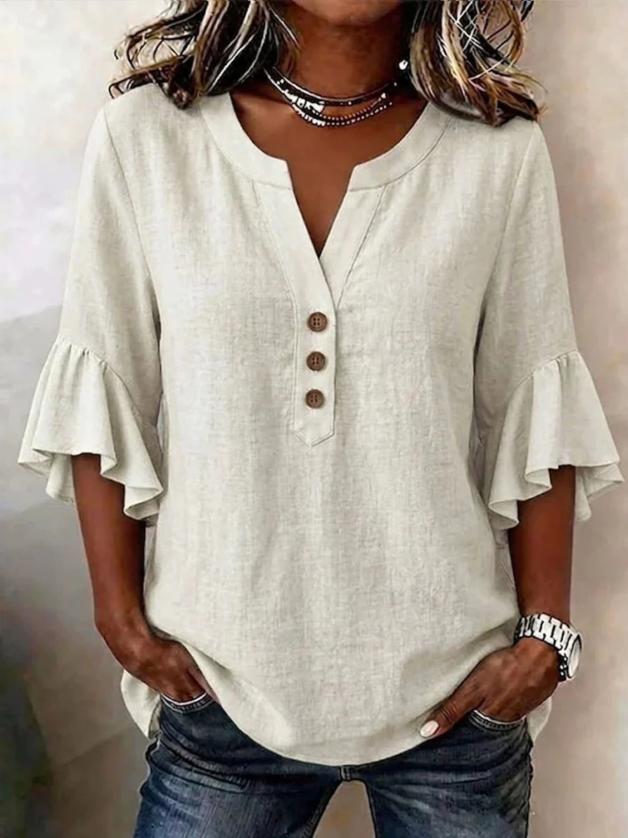 V-neck Solid Color Button Casual Ruffle Sleeve T-shirt - Image 12