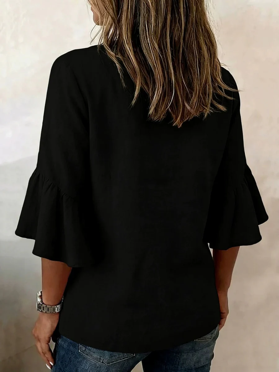 V-neck Solid Color Button Casual Ruffle Sleeve T-shirt - Image 6