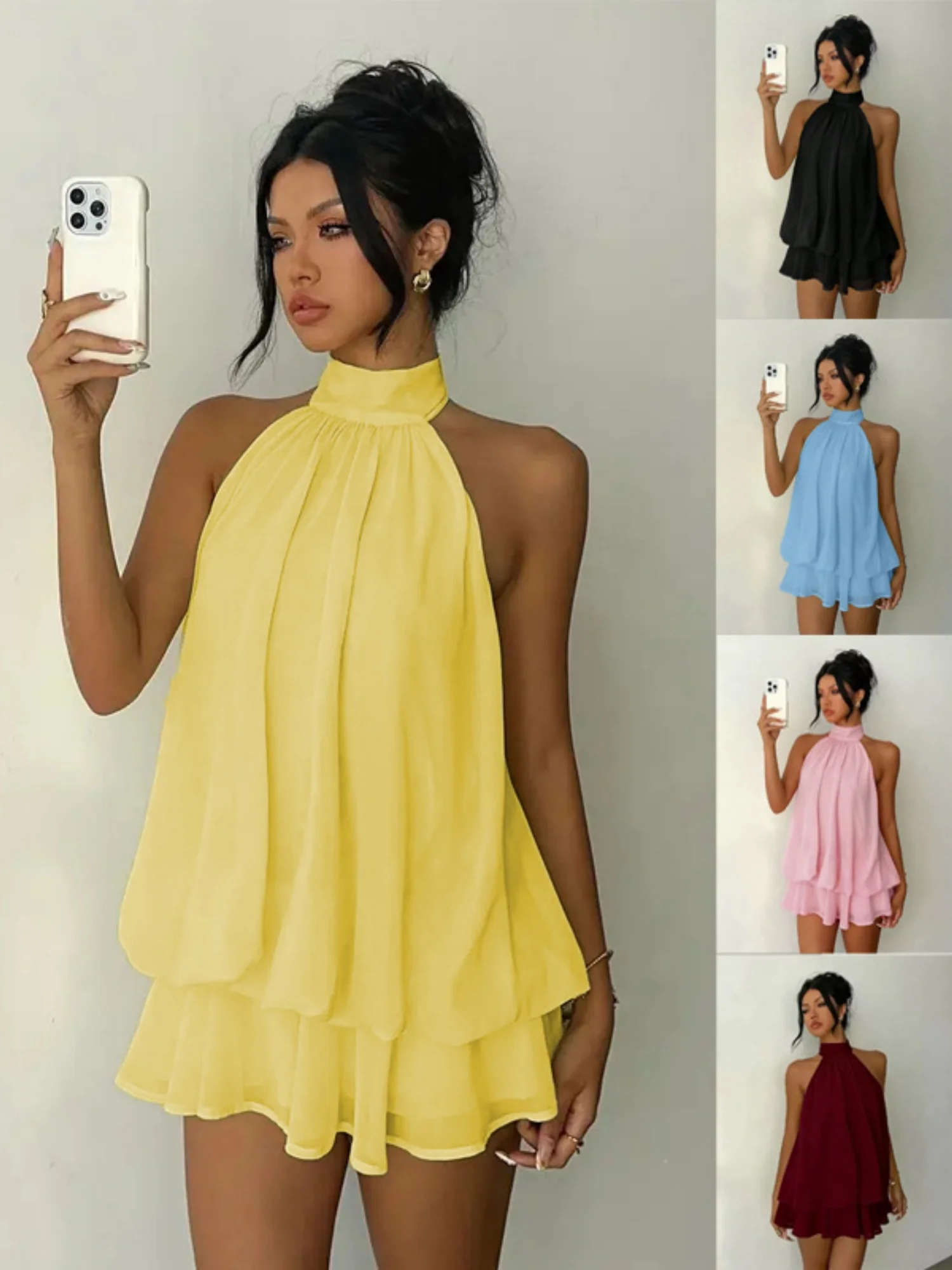 Neck Strap Backless Ruffle Mini&Short Dresses