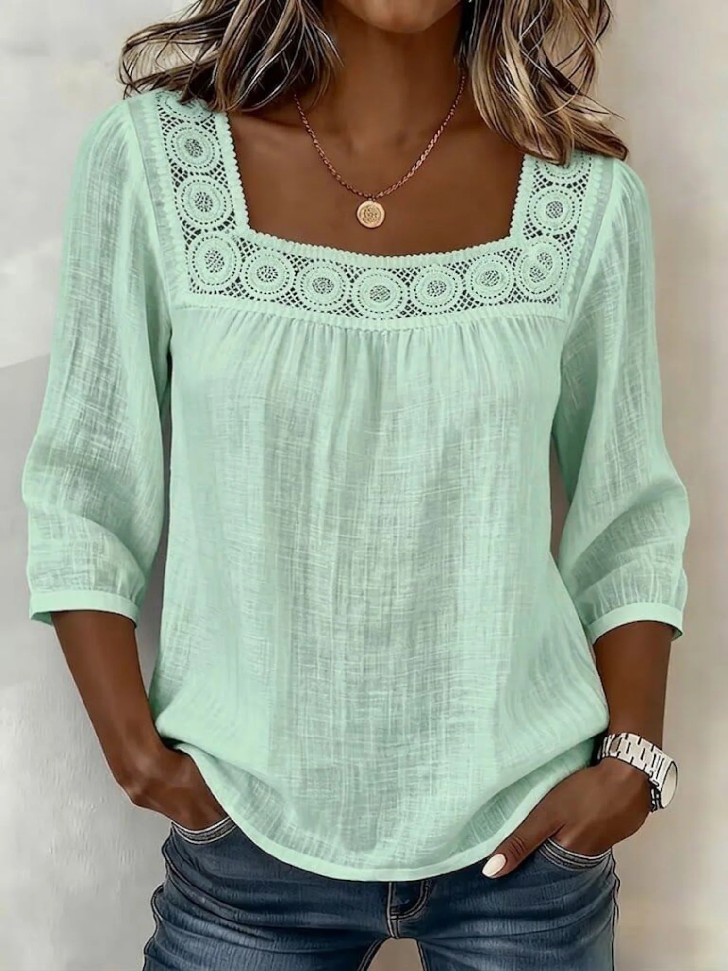 Lace Trim Cotton And Linen Square Neckline And Three-quarter Sleeves T-shirts - Image 2