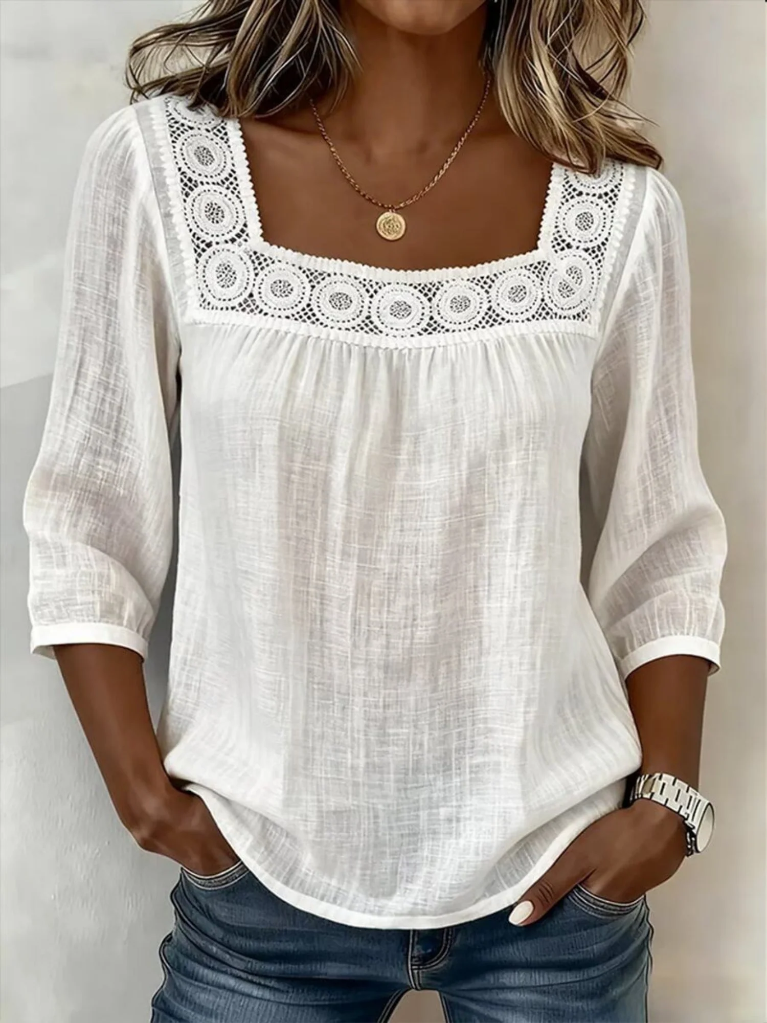 Lace Trim Cotton And Linen Square Neckline And Three-quarter Sleeves T-shirts - Image 3
