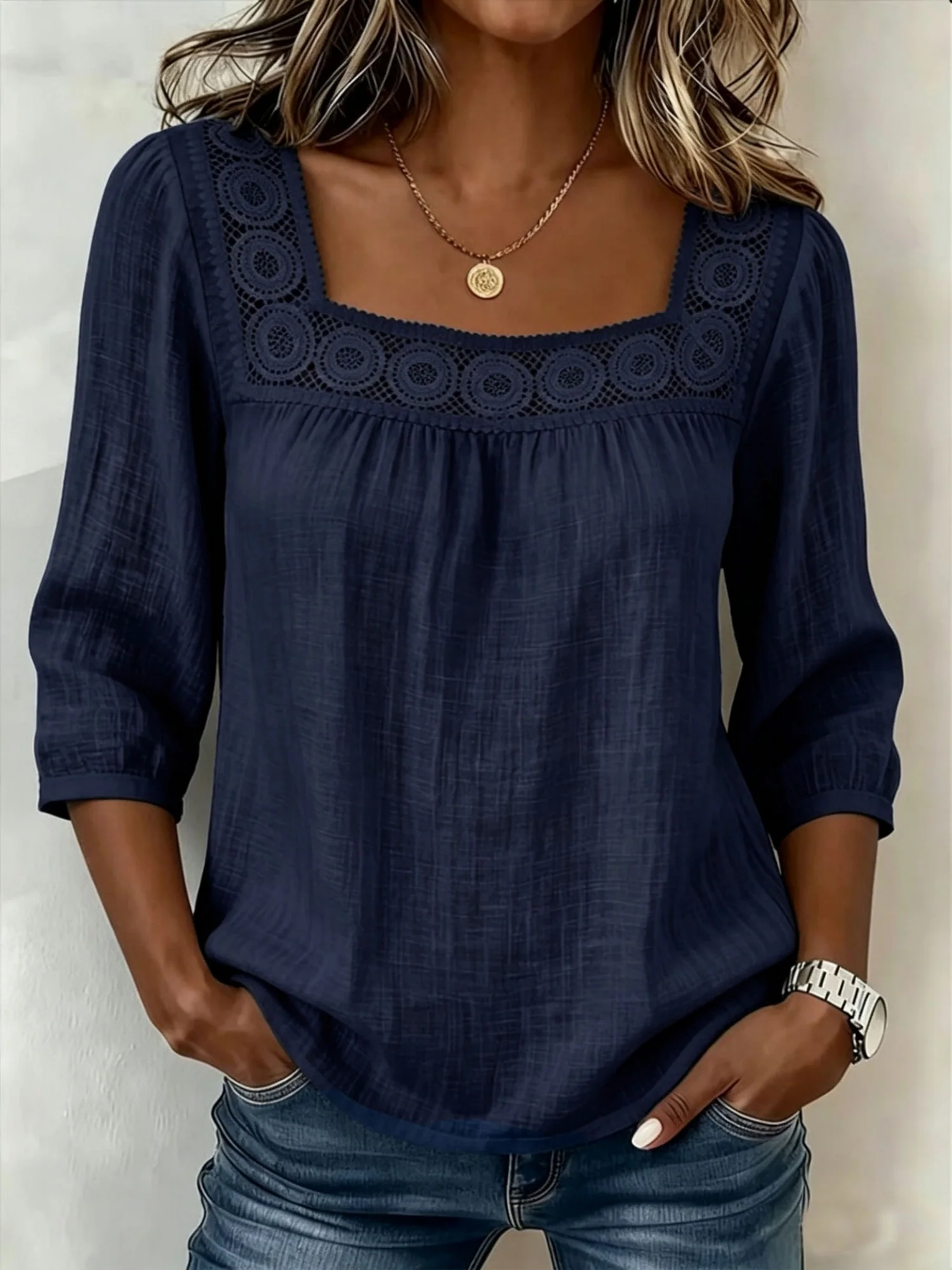 Lace Trim Cotton And Linen Square Neckline And Three-quarter Sleeves T-shirts - Image 4