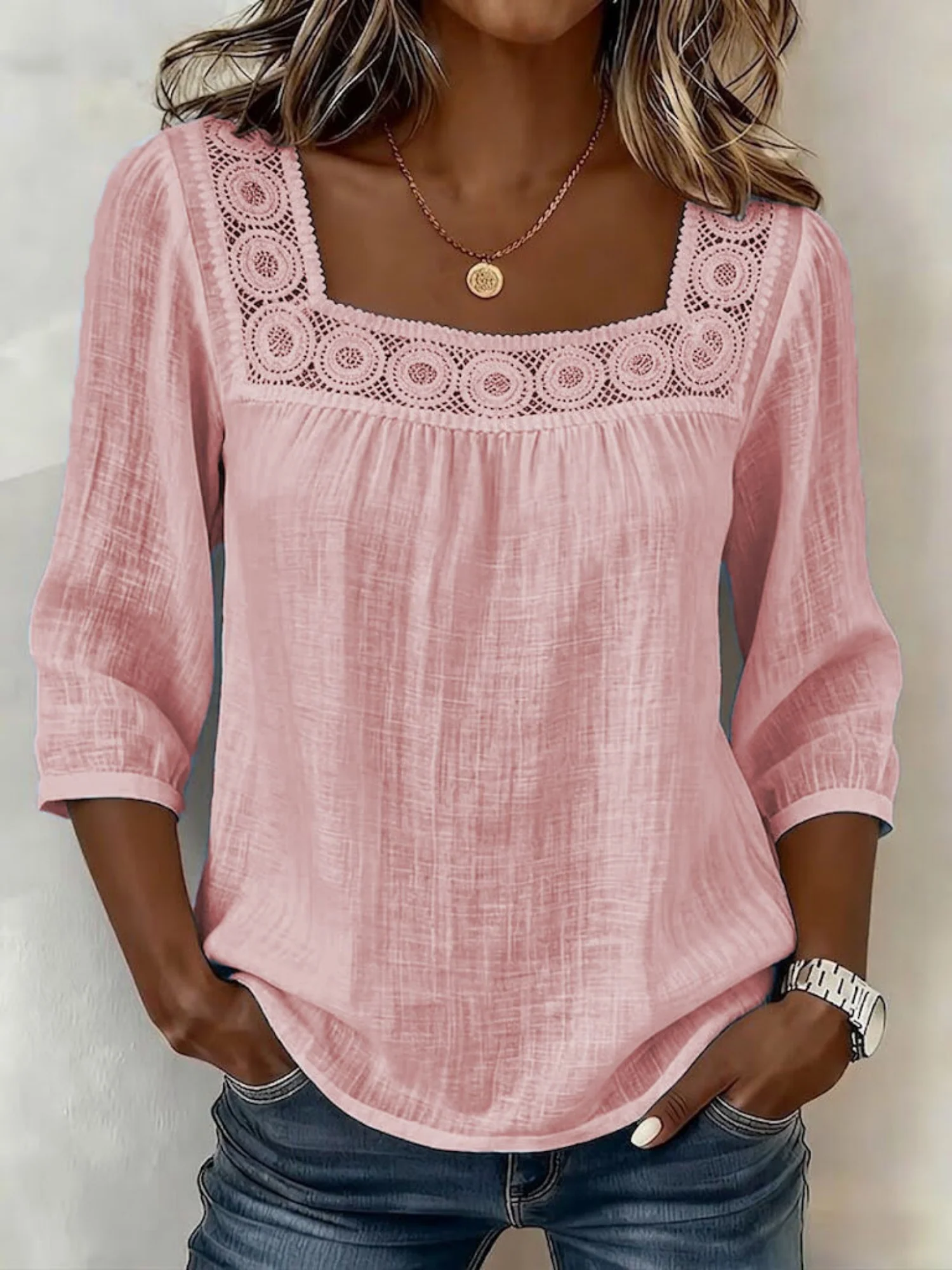 Lace Trim Cotton And Linen Square Neckline And Three-quarter Sleeves T-shirts - Image 5