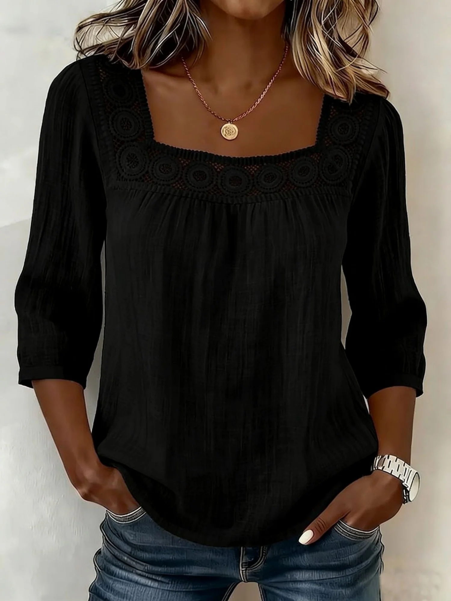 Lace Trim Cotton And Linen Square Neckline And Three-quarter Sleeves T-shirts - Image 6