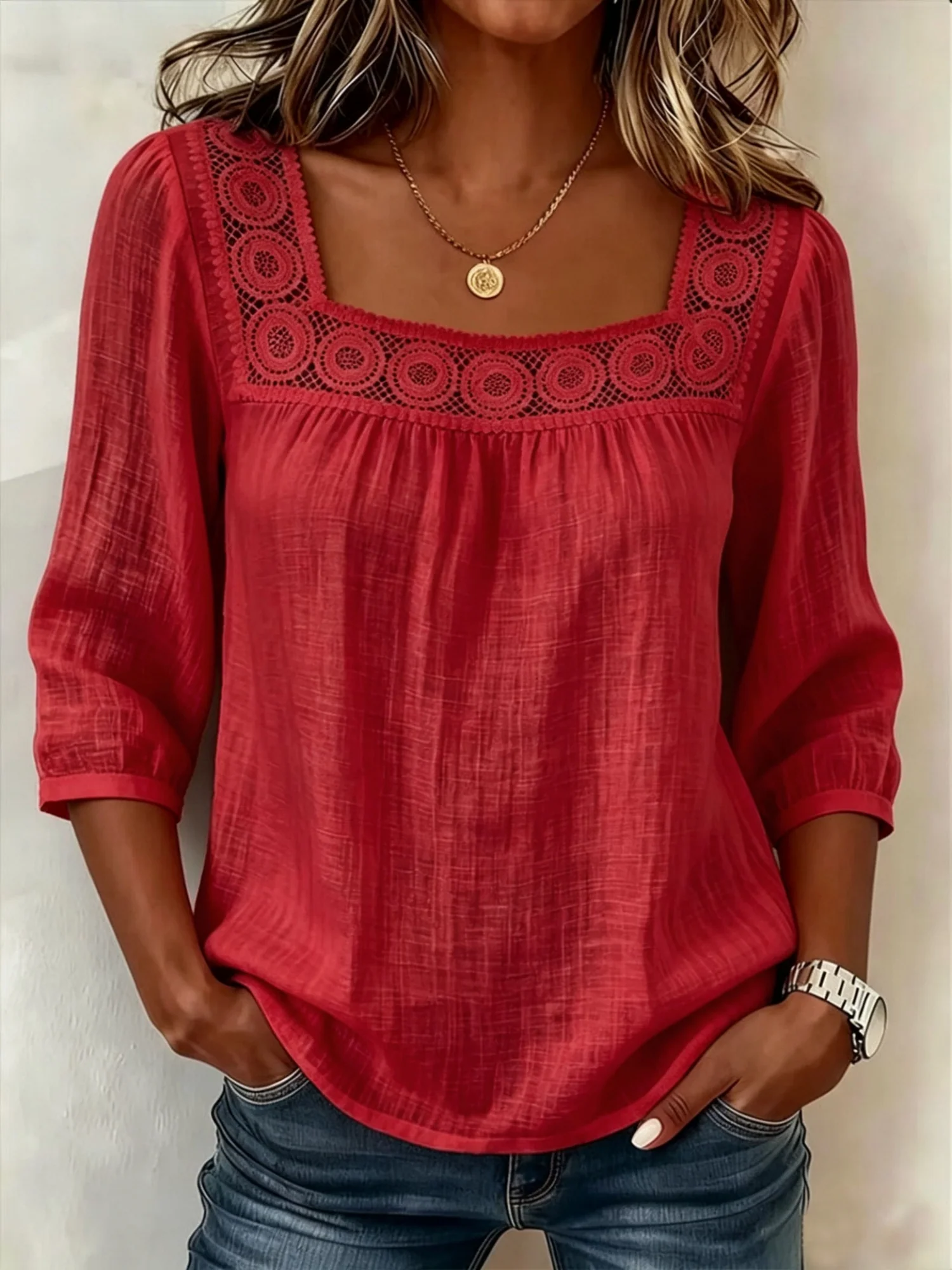 Lace Trim Cotton And Linen Square Neckline And Three-quarter Sleeves T-shirts - Image 7