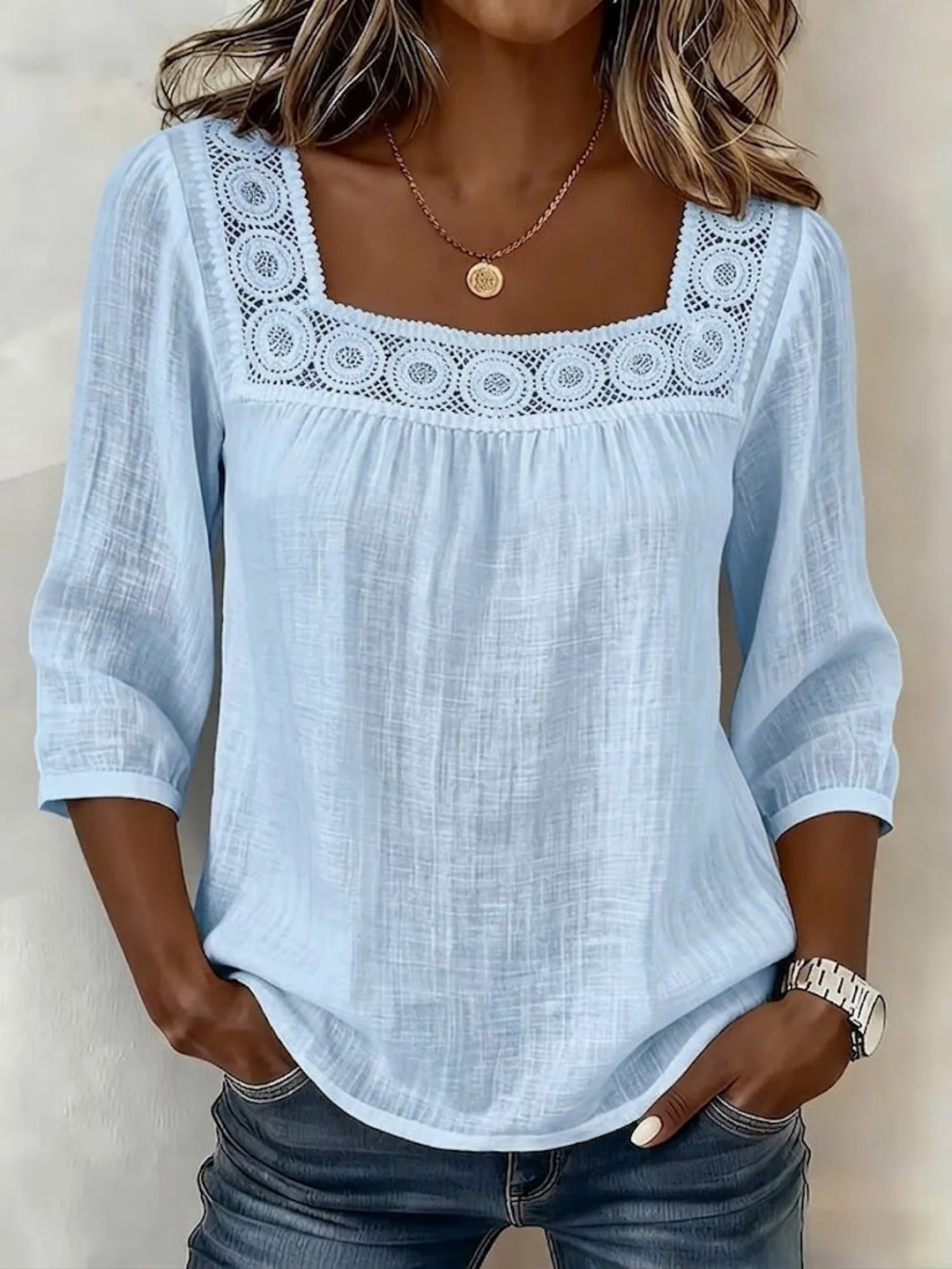 Lace Trim Cotton And Linen Square Neckline And Three-quarter Sleeves T-shirts - Image 8