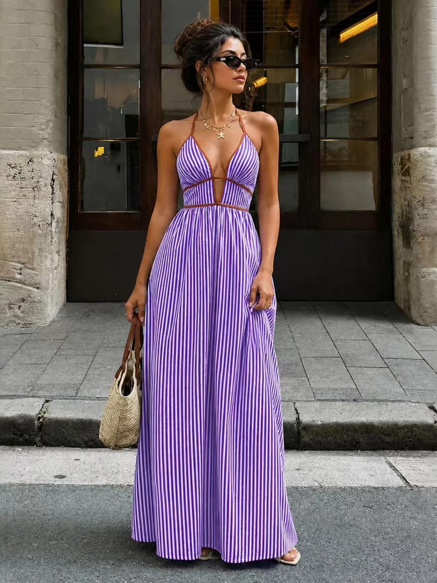 Stripes Backless V-neck Sleeveless Maxi Dresses - Image 15