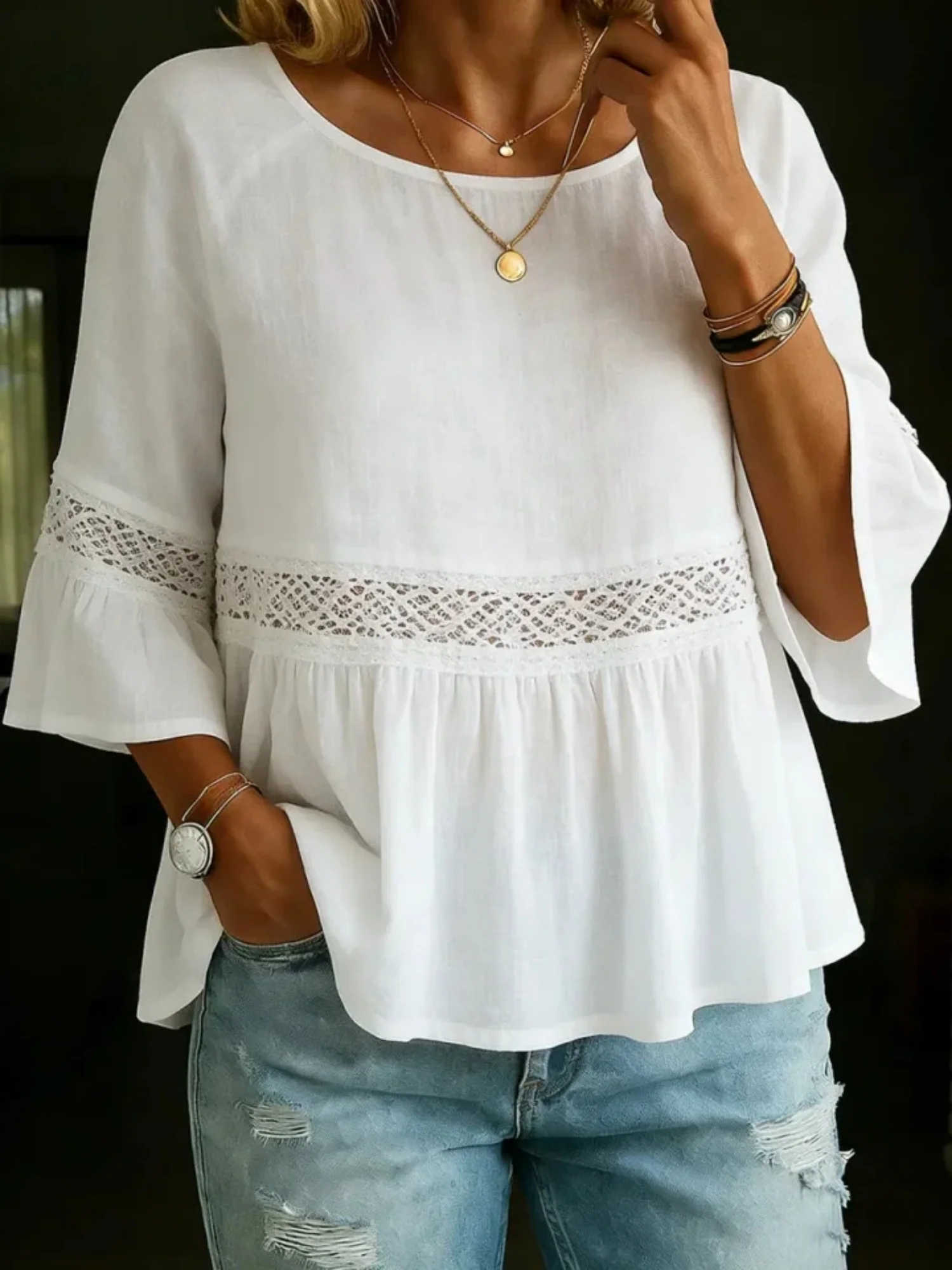Lace Patchwork Cotton And Linen Round Neck, Three-quarter Sleeves T-shirts - Image 3
