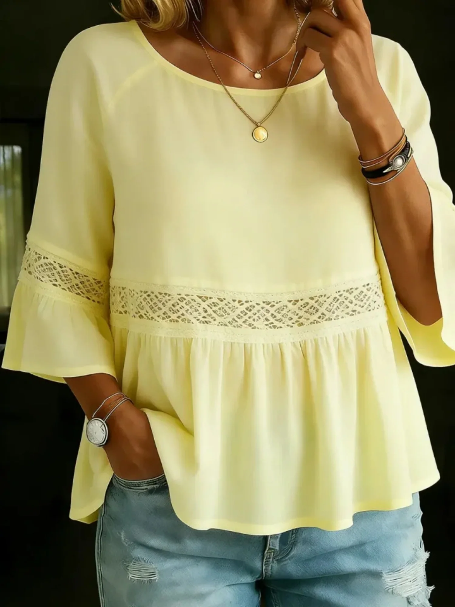 Lace Patchwork Cotton And Linen Round Neck, Three-quarter Sleeves T-shirts - Image 4