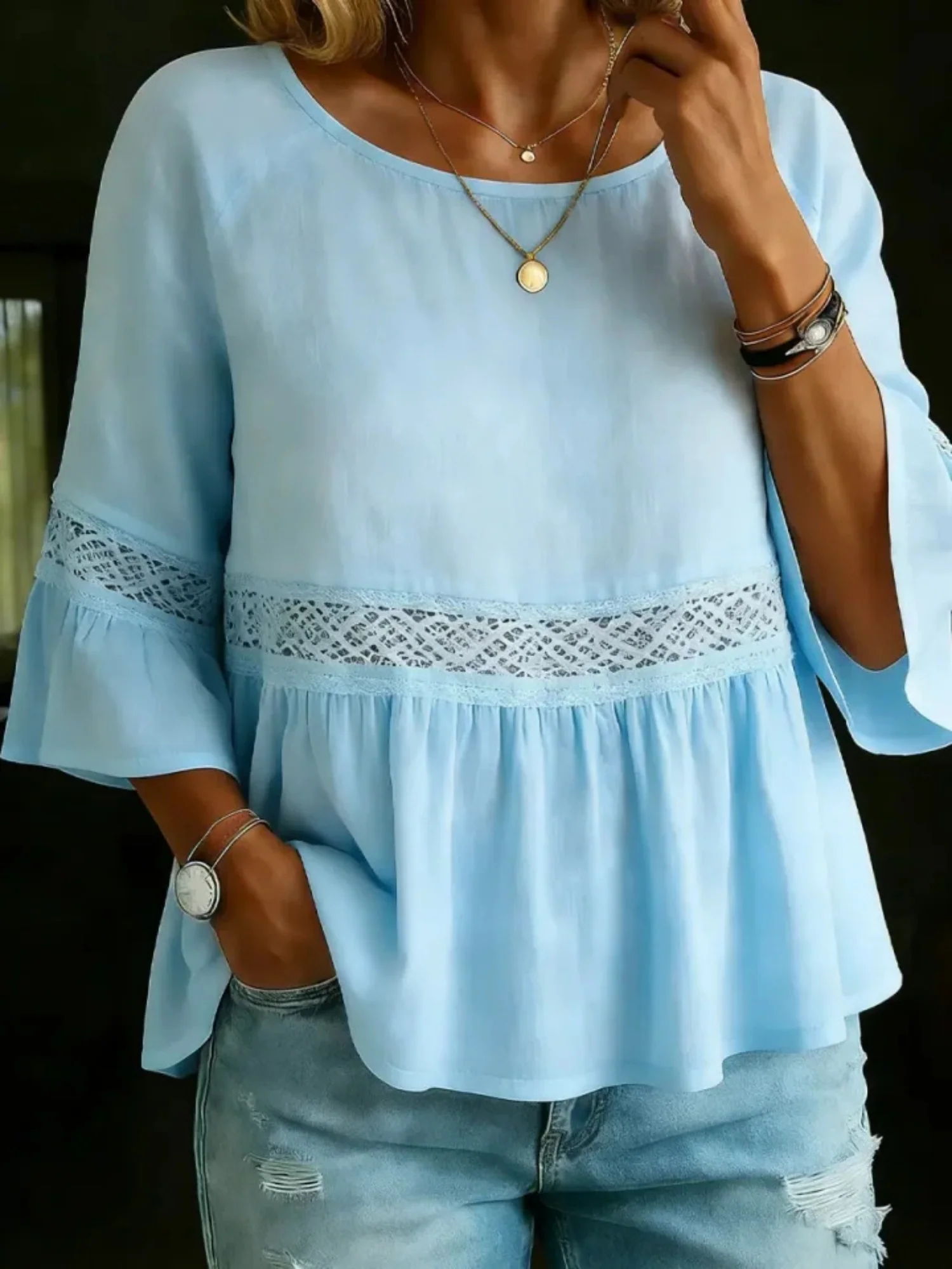 Lace Patchwork Cotton And Linen Round Neck, Three-quarter Sleeves T-shirts - Image 5