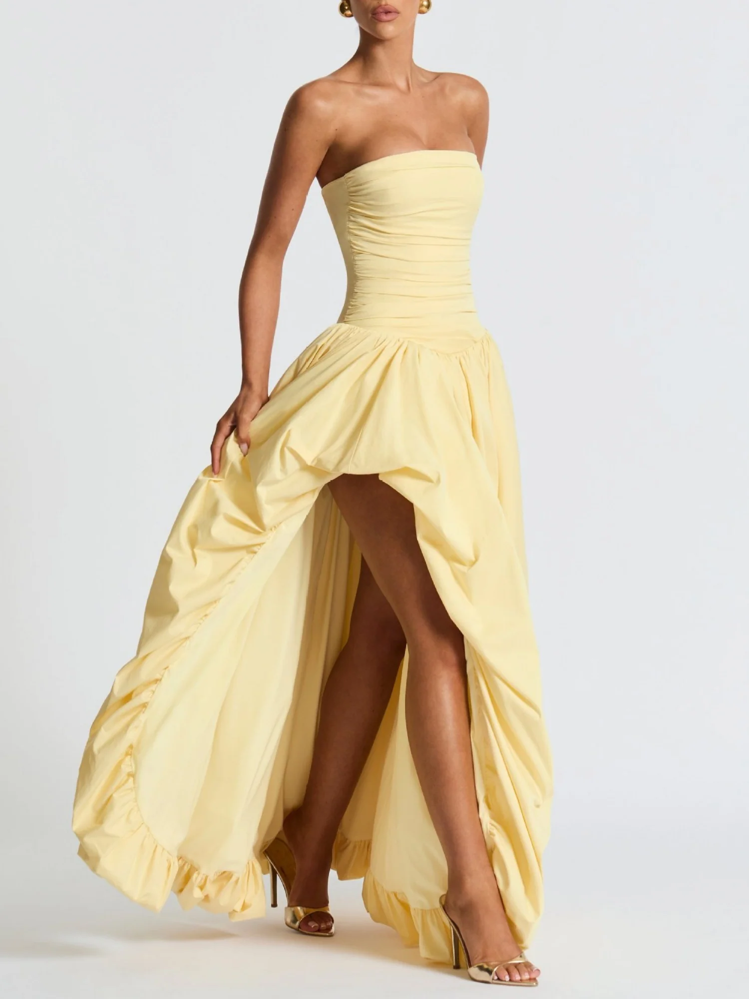 Pleated Slit Strapless Straps Maxi Dresses - Image 3