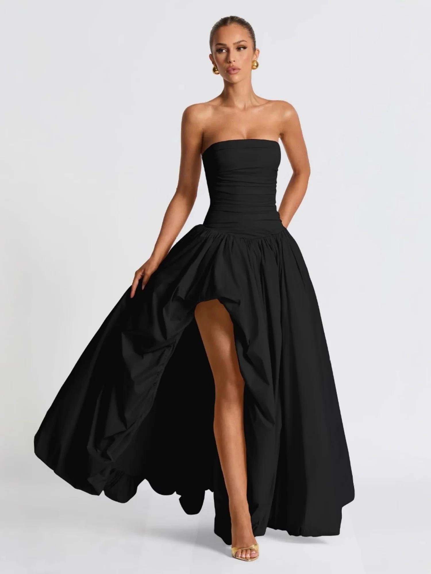 Pleated Slit Strapless Straps Maxi Dresses - Image 4