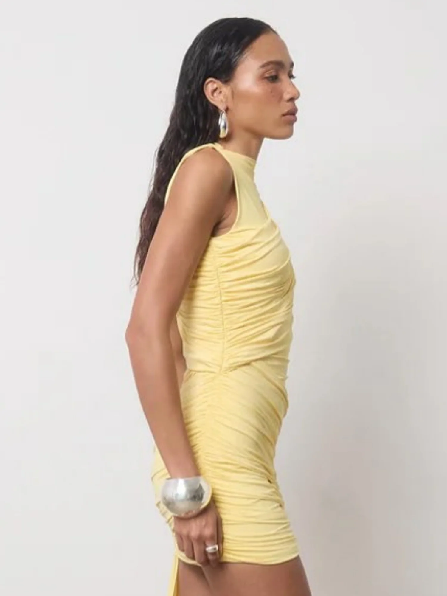 Pleated Ribbon Round Neck Sleeveless Mini&Short Dresses - Image 2