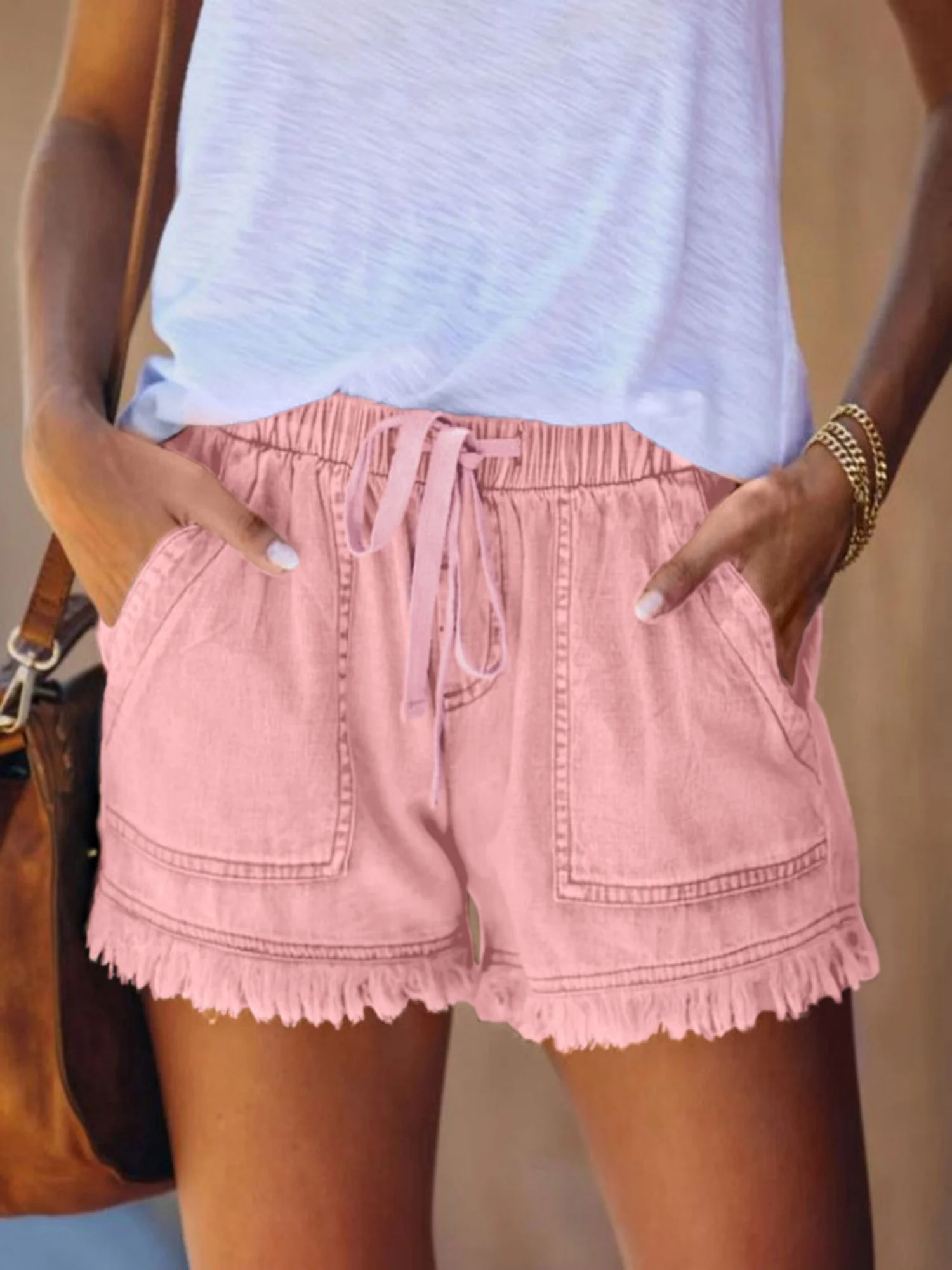 Elastic Waistband Tassel Pocket Straps Washed Jeans - Image 4
