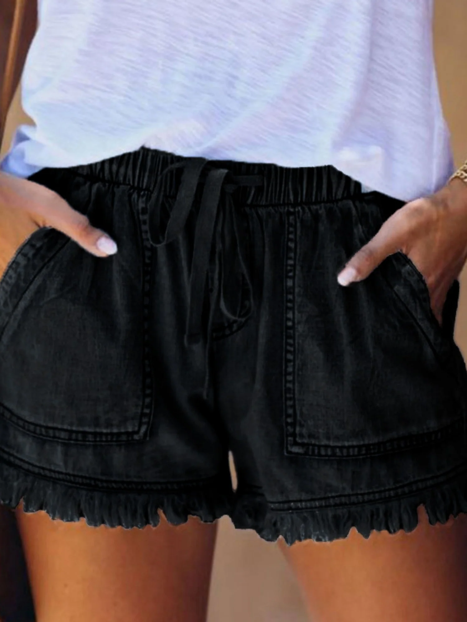 Elastic Waistband Tassel Pocket Straps Washed Jeans - Image 5