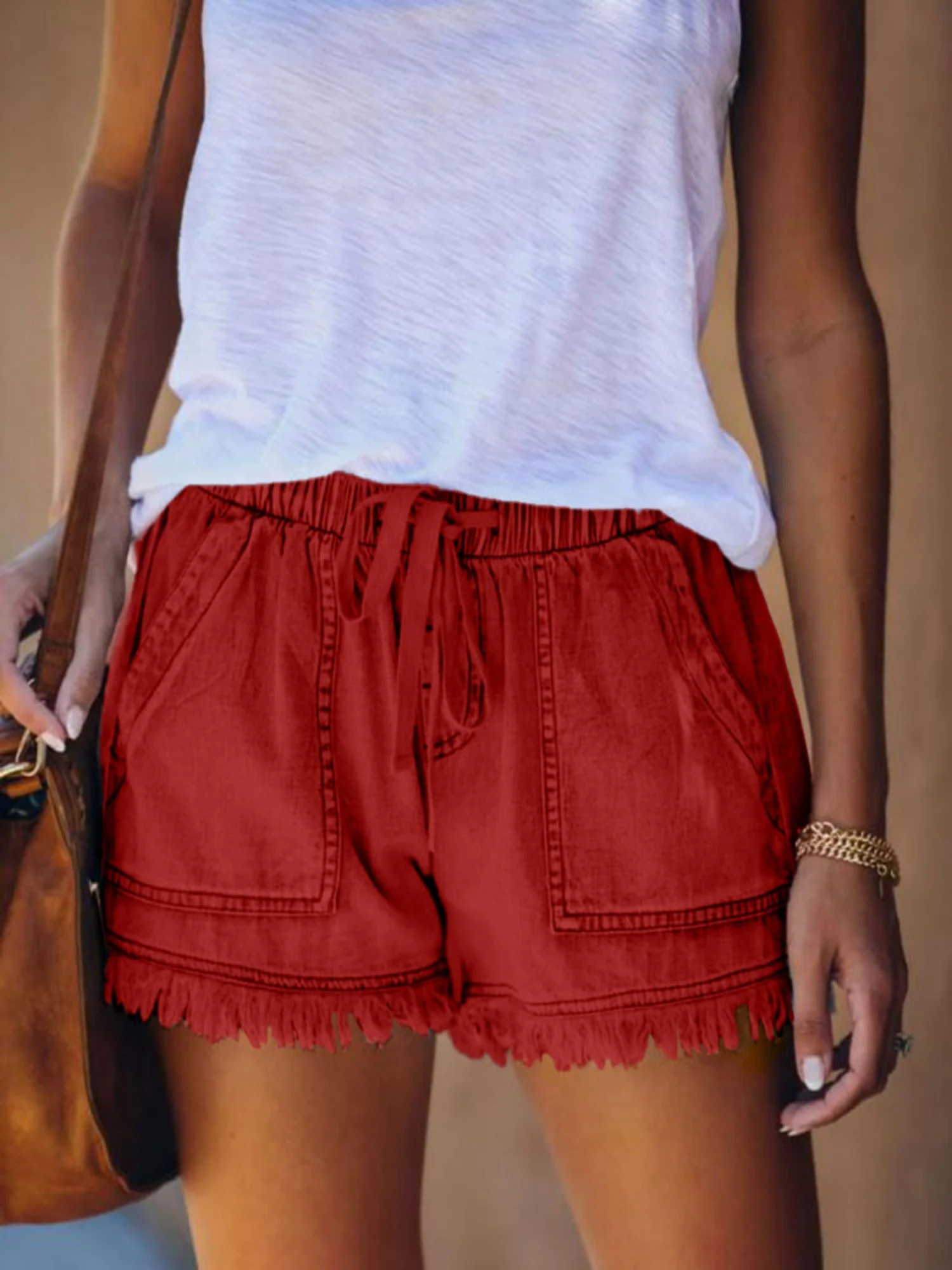 Elastic Waistband Tassel Pocket Straps Washed Jeans - Image 6